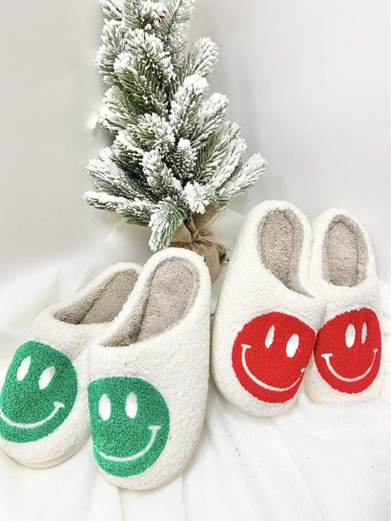 Pacificplex Womens Christmas Holiday Winter Santa Slippers FA LA LA String Lights Retro Plush Warm Slip-On Happy Face Smiley Winter Christmas Slipper