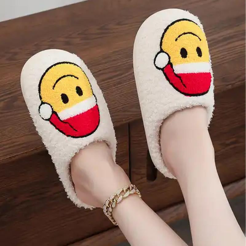 Pacificplex Womens Christmas Holiday Winter Santa Slippers FA LA LA String Lights Retro Plush Warm Slip-On Happy Face Smiley Winter Christmas Slipper