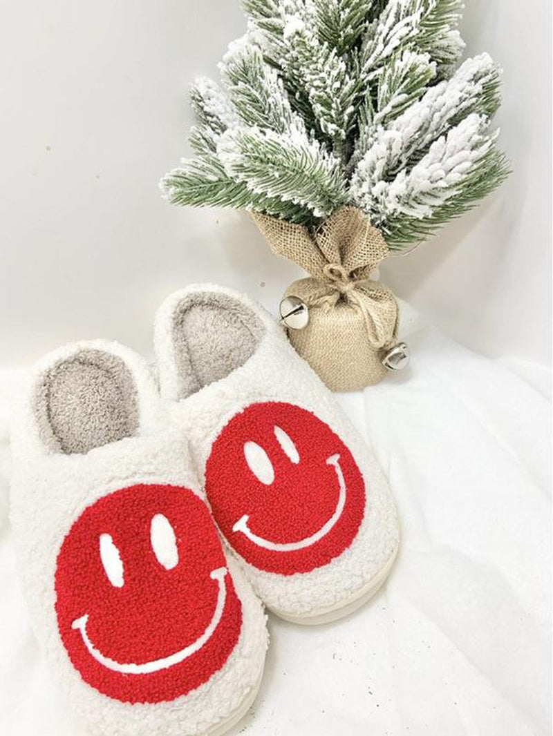 Pacificplex Womens Christmas Holiday Winter Santa Slippers FA LA LA String Lights Retro Plush Warm Slip-On Happy Face Smiley Winter Christmas Slipper