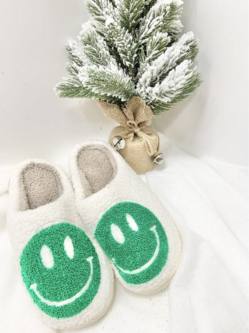 Pacificplex Womens Christmas Holiday Winter Santa Slippers FA LA LA String Lights Retro Plush Warm Slip-On Happy Face Smiley Winter Christmas Slipper