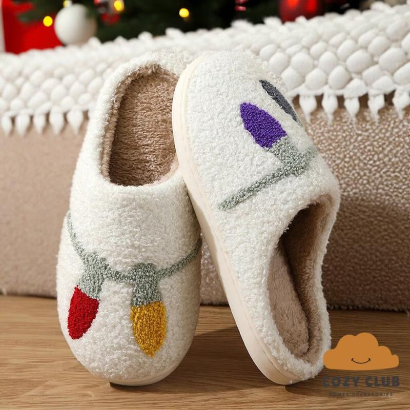 Pacificplex Womens Christmas Holiday Winter Santa Slippers FA LA LA String Lights Retro Plush Warm Slip-On Happy Face Smiley Winter Christmas Slipper