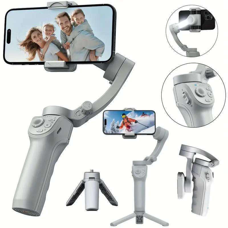 3-Axis AI Smartphone Gimbal Stabilizer plus - Advanced Object Tracking, 360-Degree Automatic Rotation, LED Light, Tripod, Face Tracking, Anti-Shake Balance, and Wireless Rechargeable Lithium-Polymer Battery for Tiktok Video Blog and Live Streaming