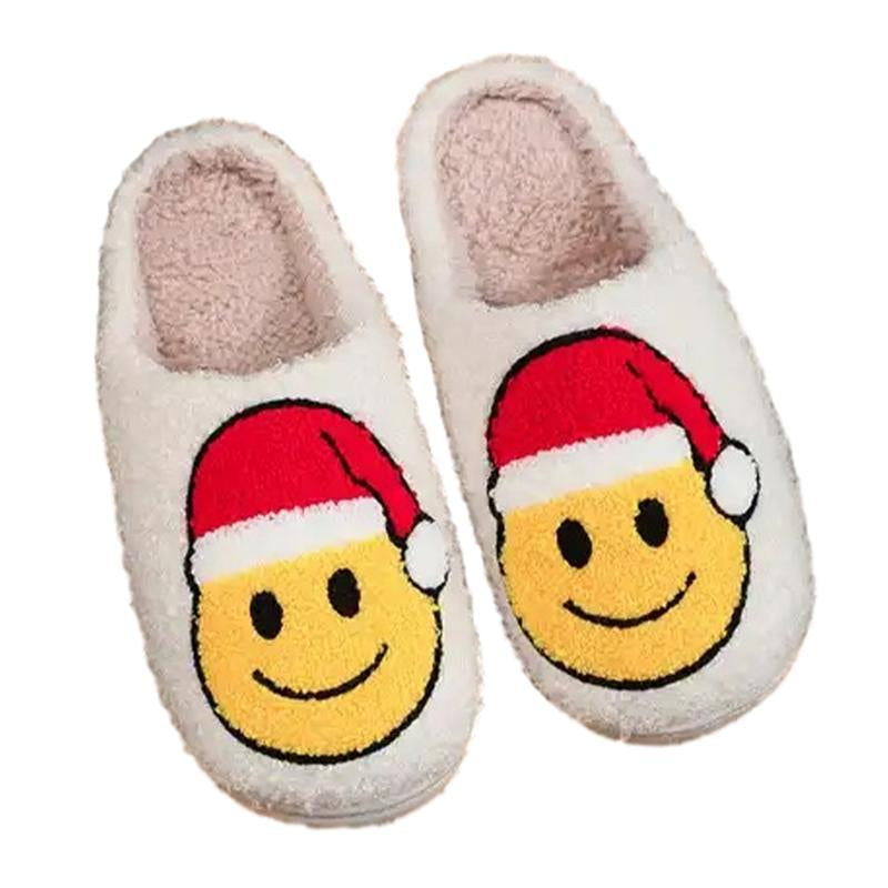 Pacificplex Womens Christmas Holiday Winter Santa Slippers FA LA LA String Lights Retro Plush Warm Slip-On Happy Face Smiley Winter Christmas Slipper