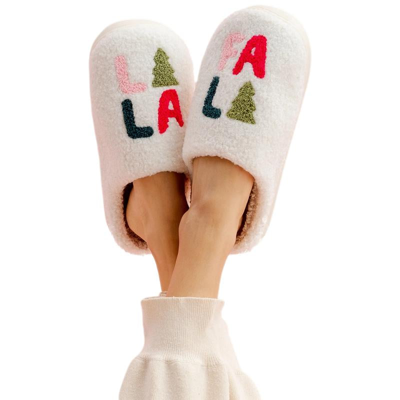 Pacificplex Womens Christmas Holiday Winter Santa Slippers FA LA LA String Lights Retro Plush Warm Slip-On Happy Face Smiley Winter Christmas Slipper