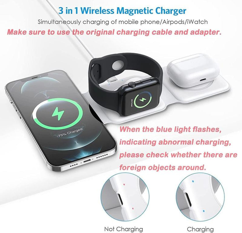 3 in 1 Foldable Wireless Charger,Magnetic Fast Wireless Charging Pad,Compatible with Iphone16/15/14/13/12/Se/11 Smartphone Cellphone