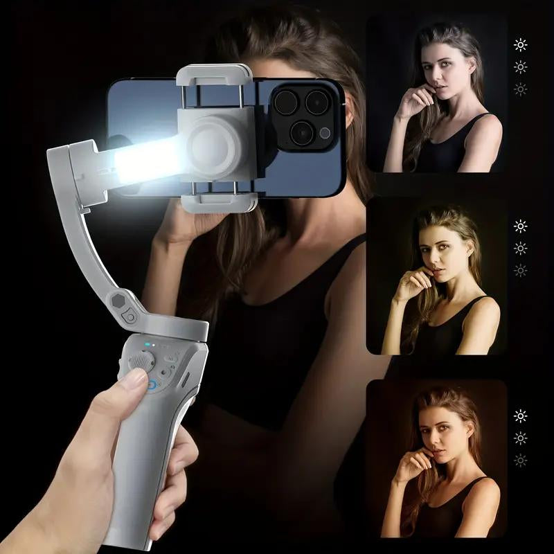 3-Axis AI Smartphone Gimbal Stabilizer plus - Advanced Object Tracking, 360-Degree Automatic Rotation, LED Light, Tripod, Face Tracking, Anti-Shake Balance, and Wireless Rechargeable Lithium-Polymer Battery for Tiktok Video Blog and Live Streaming